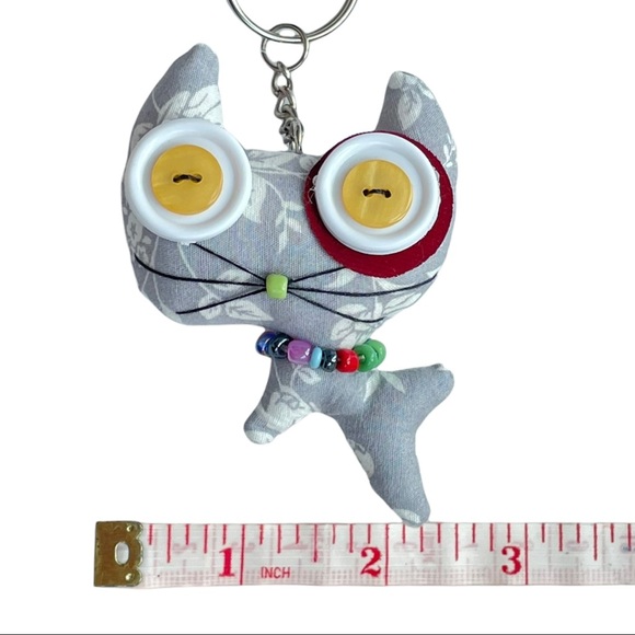 Handmade Gray Floral Big Head Kitty Cat Keychain Purse Charm - Picture 4 of 5